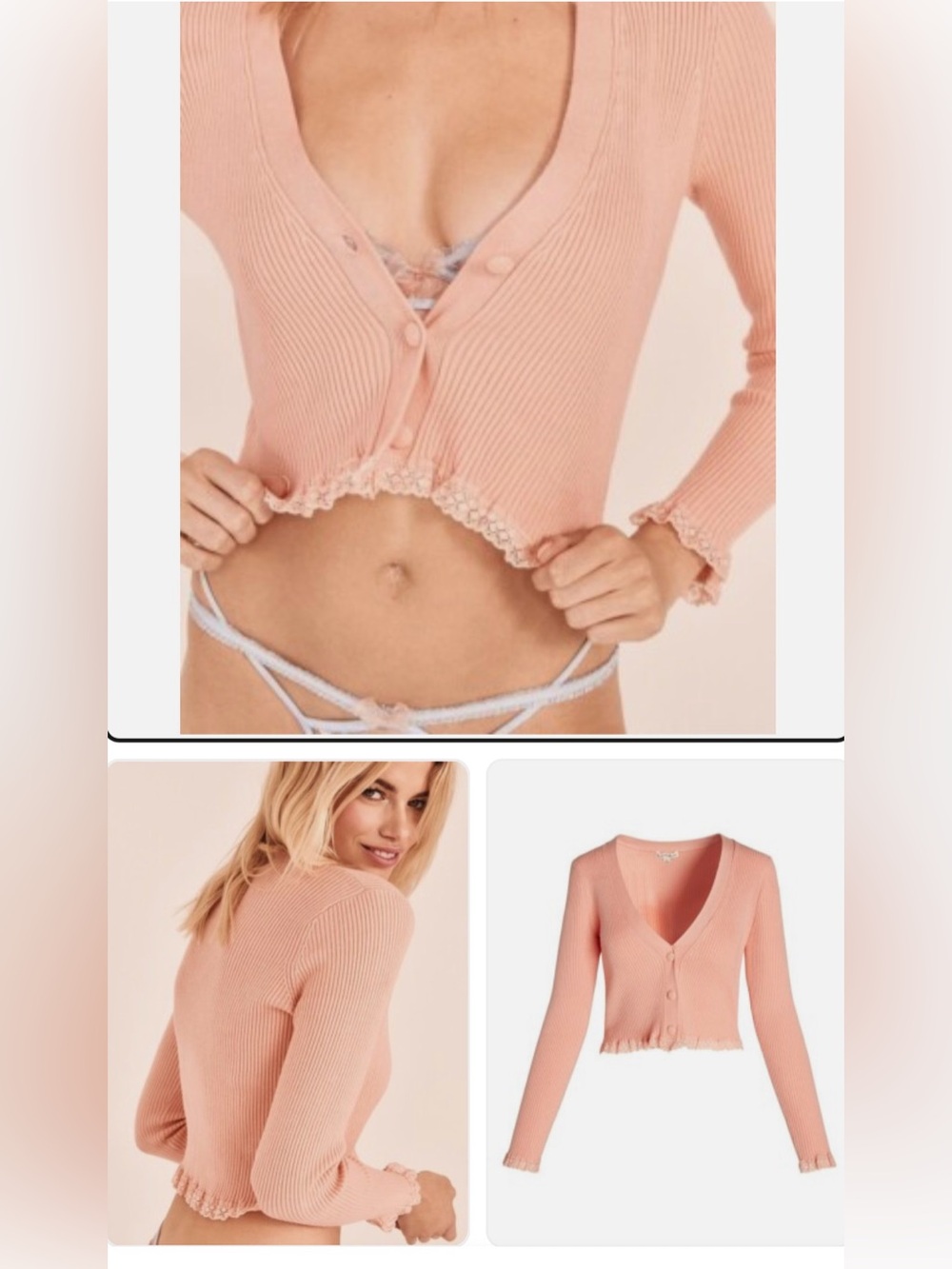 For Love & Lemons Nina Cardigan in Light Pink Ribbed Button with Lace Trim - Picture 2 of 9